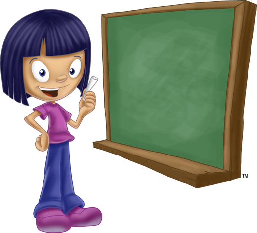 Awana girl character at a chalkboard