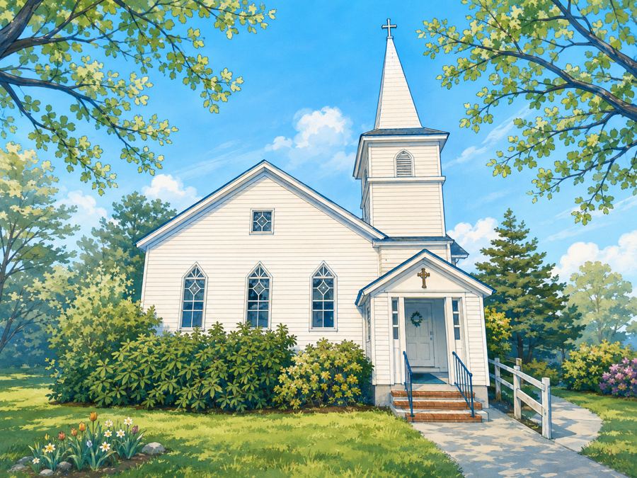 Painted illustration of the South Chatham Community Church building