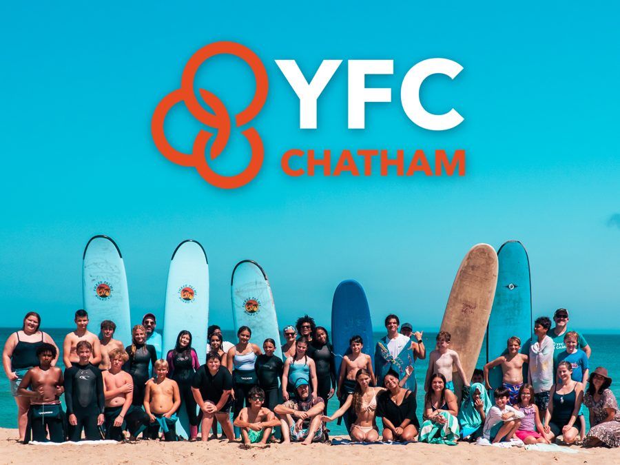 YFC Chatham logo above the students and leaders at YFC Surf Day